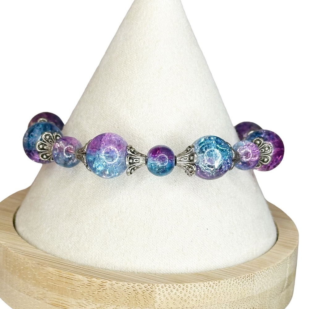 NEW Mermaid Bubbles Blue & Purple Crackle Glass Beaded Bracelet